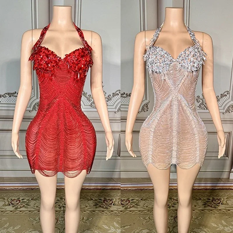 Rhinestones Evening Dresses Party Festival Outfit Red Silver Singer Gogo Costumes Stage Performance Clothes