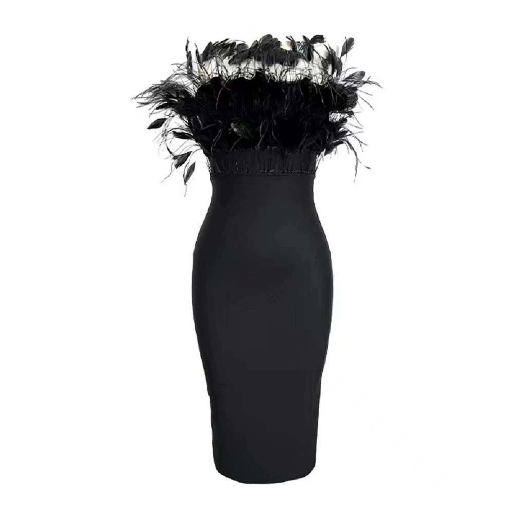 Neue Außenhandel Damenbekleidung Feder schwarz Röhrenoberteil enges Stretchkleid langes Kleid Rock-GZXX1247