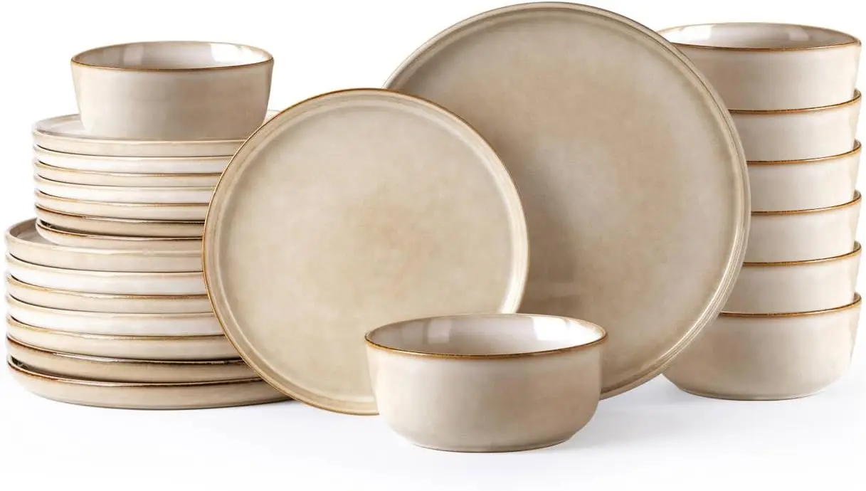 Stoneware Dinnerware Sets,Round Reactive Glaze Ceramic Plates and Bowls Sets,Highly Chip and Crack Resistant | Microwave & Dishw