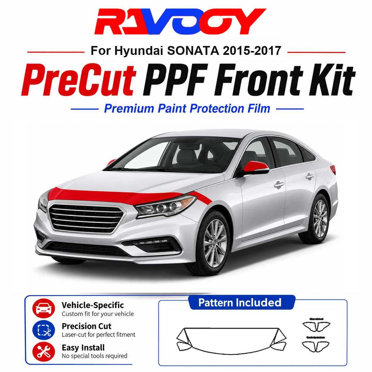 

8.5mil TPU Precut PPF Kit For Hyundai SONATA 2015-2017 - Hood, Fenders & Mirror Set - Self-Healing Clear Bra Film