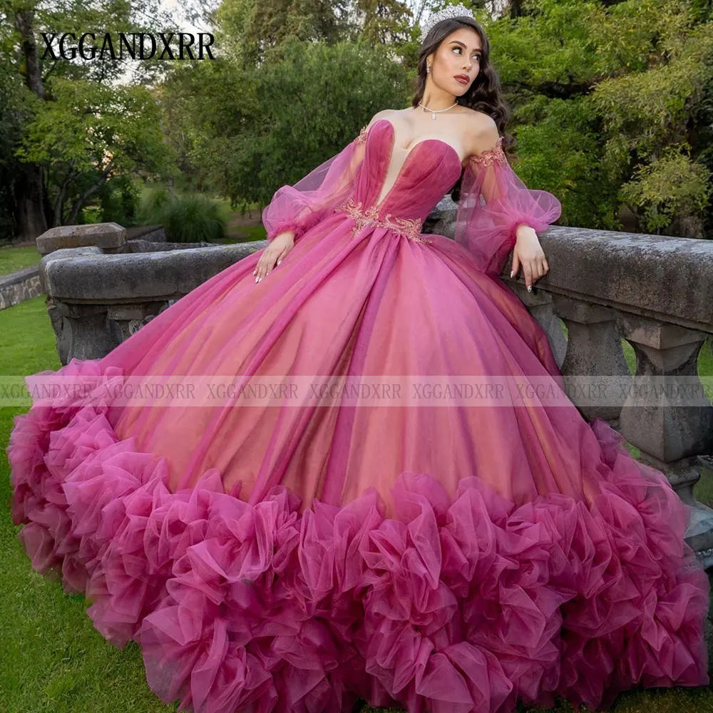 Robe De bal Fuchsia personnalisée, robe De Quinceanera, plis appliqués, douce 16, robes d'anniversaire, manches bouffantes, 2025