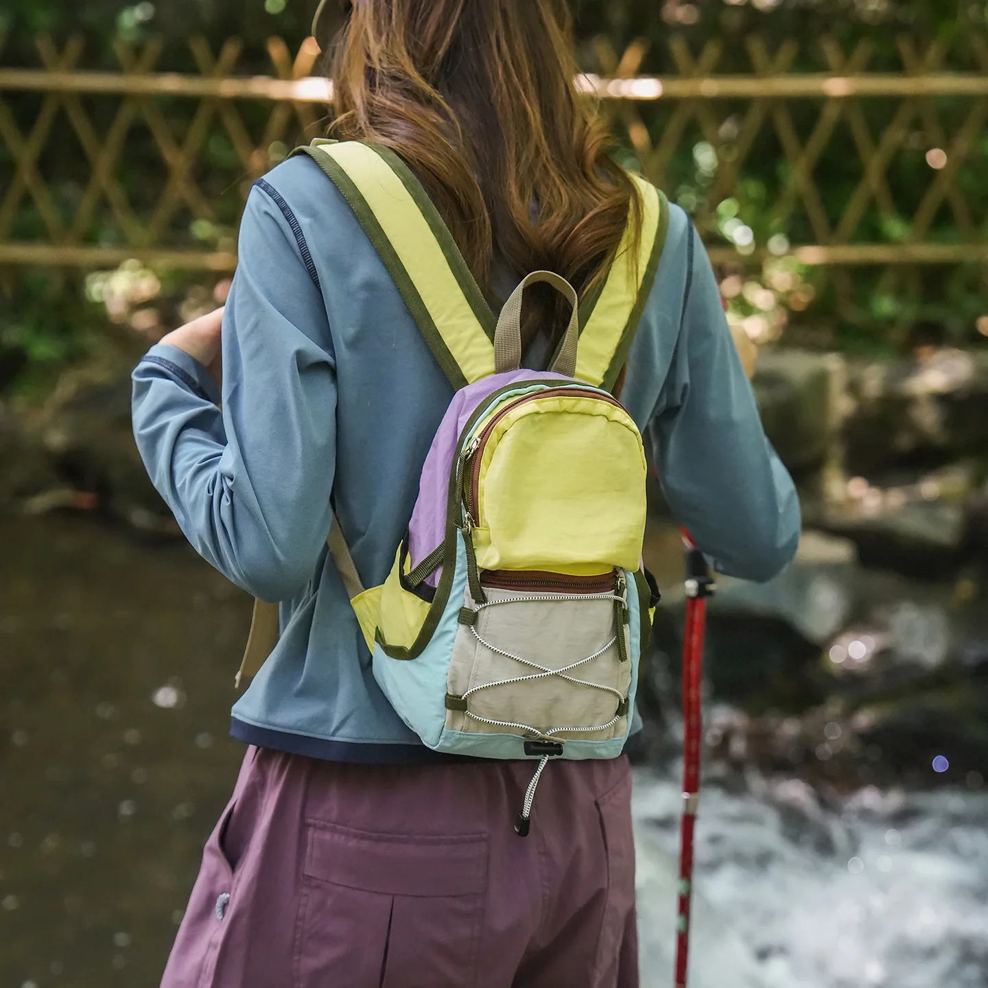 Women Mini Backpack Color Block Lightweight Nylon Rucksack with Top Handle Elastic Cord Outdoor Hiking Camping Travel Bag