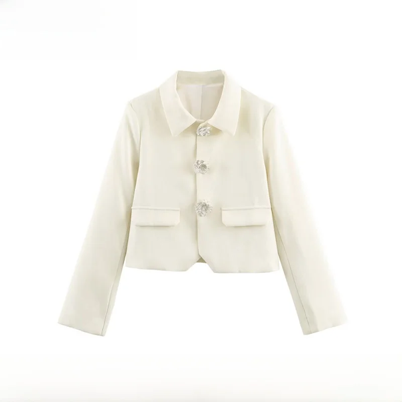 Early Autumn New Fashion Women's Suit Jacket 3D Flower Button Decoration Slim Fit Polyester Fiber Short Coat European Style