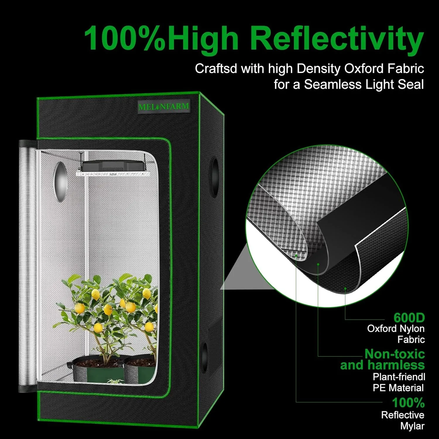 High Reflective Mylar Canvas Grow Tent com Observação Janela e Bandeja de Piso, 600D Diamante, 2x2, 24 "x 24" x 48"