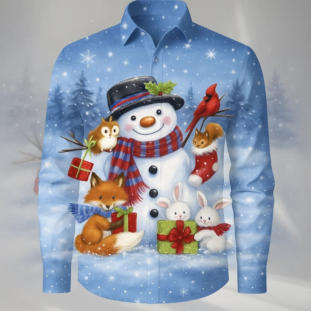 2025 Christmas Men's Snowman Snowflake Christmas Theme Shirt Button Up Shirt Long Sleeve Funny Outdoor Holiday Turndown shirts