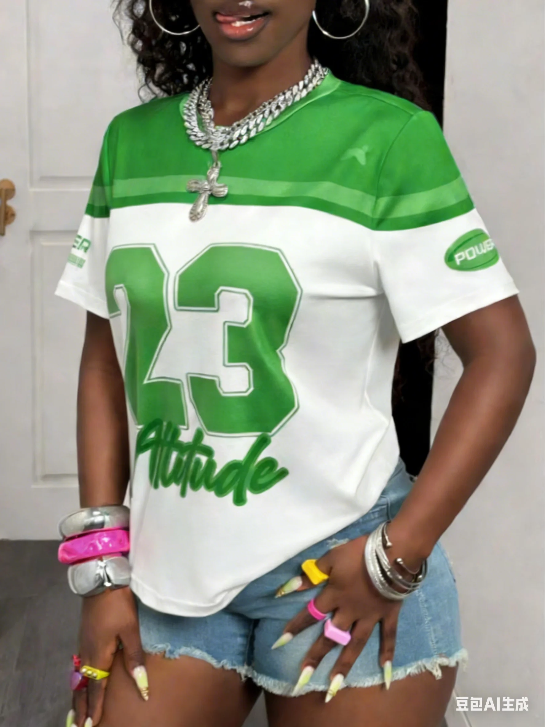New in Women NO.23 Attitude Print O-Neck Green Short Sleeve T-Shirt Summer Tee Baseball Jerseys Stripe Lady Casual Sport T-Shirt