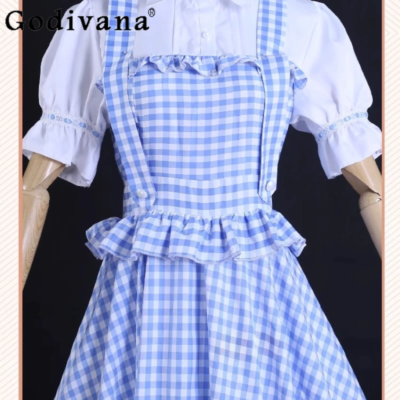 Costumes for Little Girl Blue Lattice Lolita Rustic Style Women's Summer Dresses Festival Uniform Role Playing Long Dress