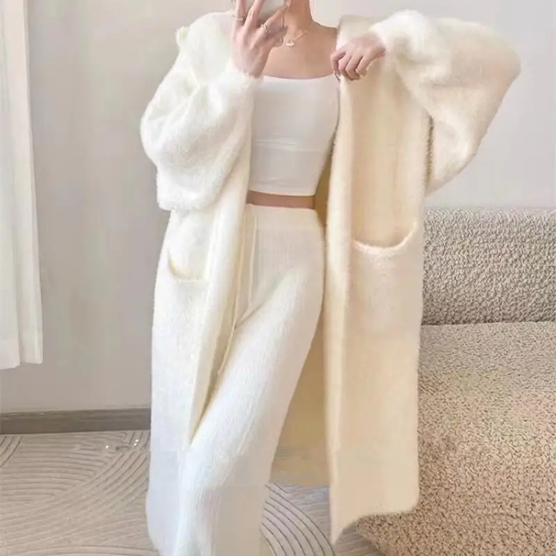 

Winter Hoodie Pullover Knitted Cardigan Sweater Women's Autumn Loose Long Coat Fur Cozy Casual Fashion Mid-Length Lazy Style