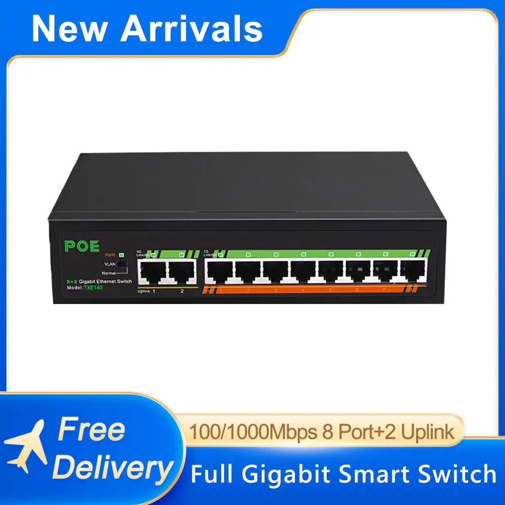 ROCINN Hot 10 Ports POE Ethernet Switch 48V VLAN 10/100Mbps IEEE 802.3 af/at Network Switch for CCTV IP Camera Wireless AP 250M