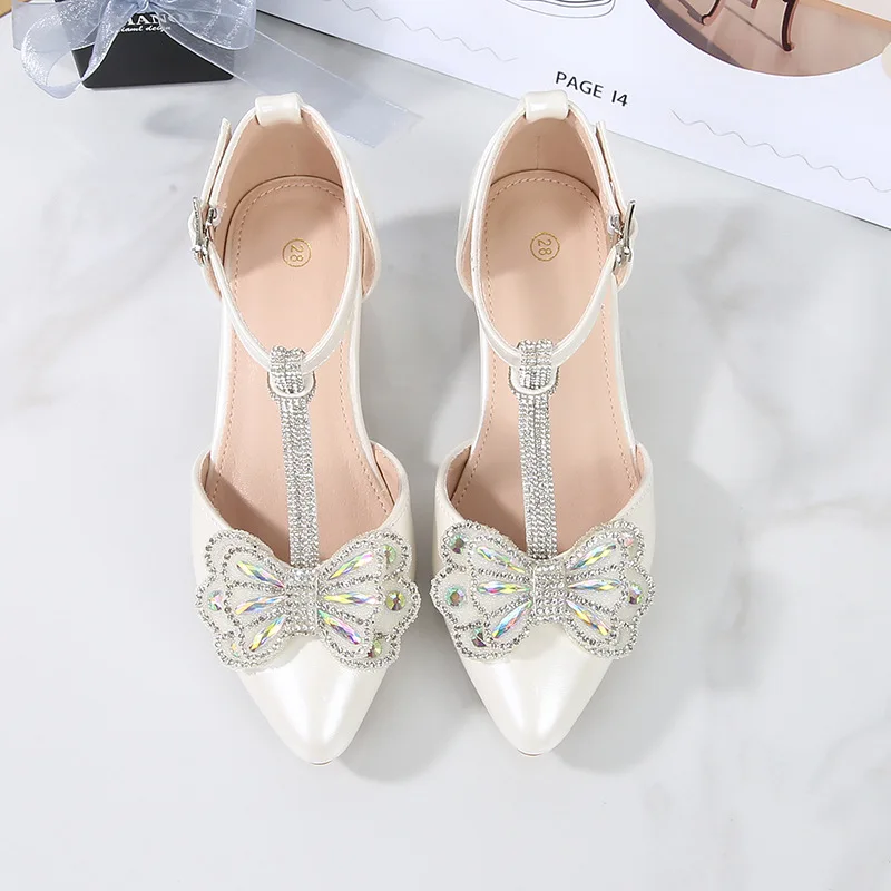 Girls Crystal Bow Heels Princess Shoes Kids Pointed Toe Pumps Student Performance Wedding Dress Shoes for Pageant Party