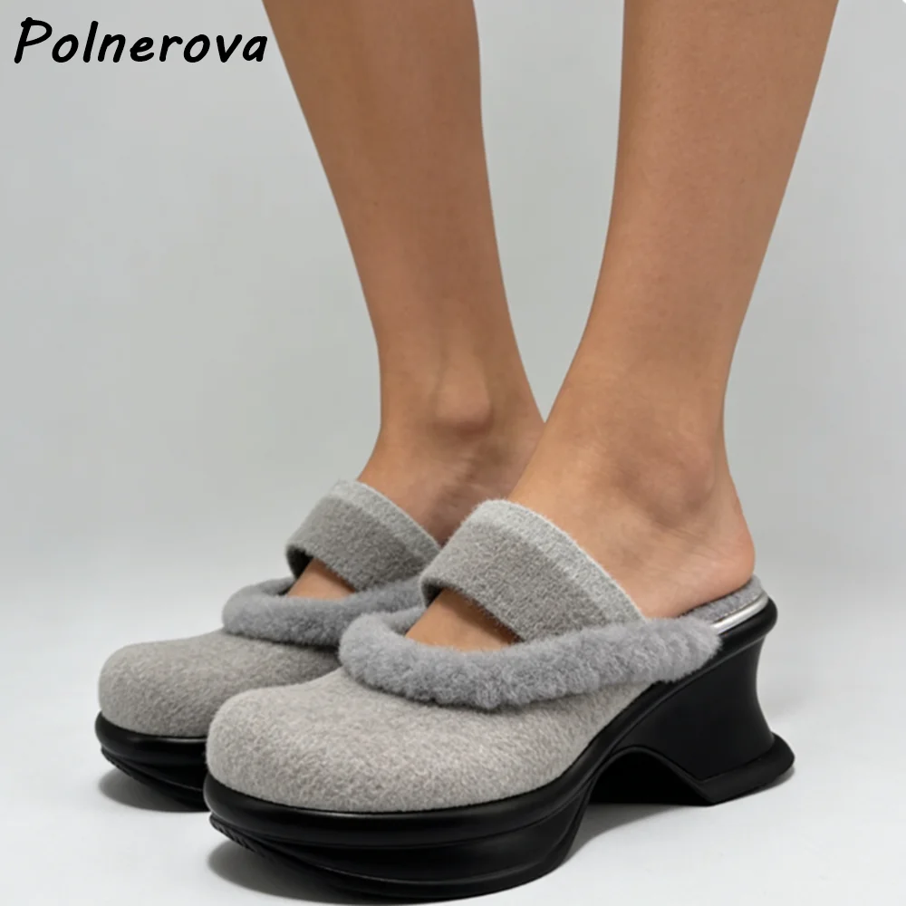 

Gray Pink Furry Slippers Round Toe Platform Strange Style Heels Solid Thick Soled Shoes Women's Leisure Fashion Outdoor Shoes