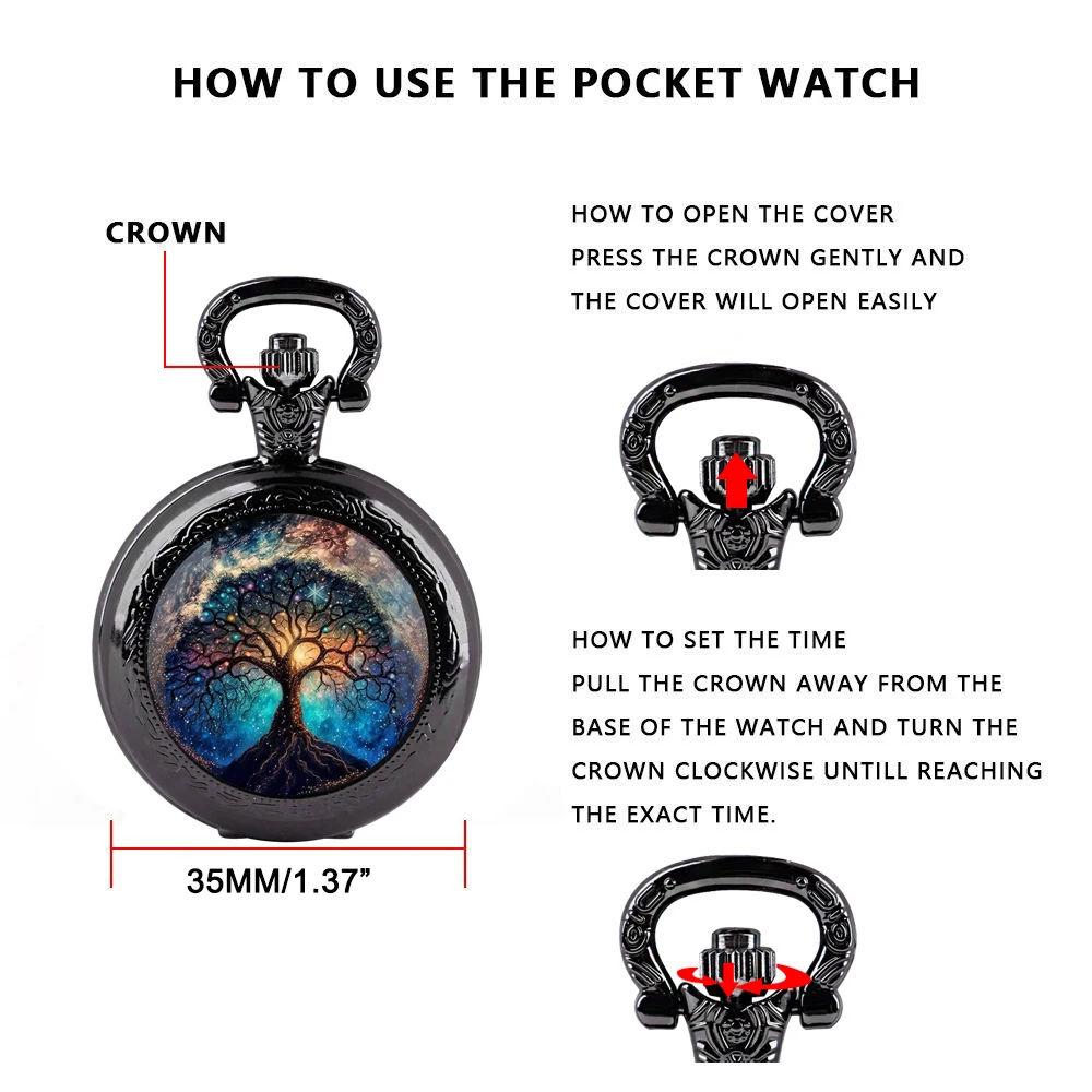 Tree of Life Design Glass Dome Pocket Watch with Chain Necklace Vintage Quartz Pendant Watches Mens Women Gifts for Kids