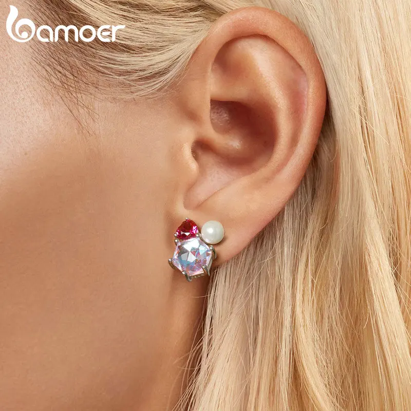 Bamoer 925 Sterling Silver Pink Sparkling Pearl Ear Studs for Women Zircon Ear Studs Fashion Birthday Christmas Gift