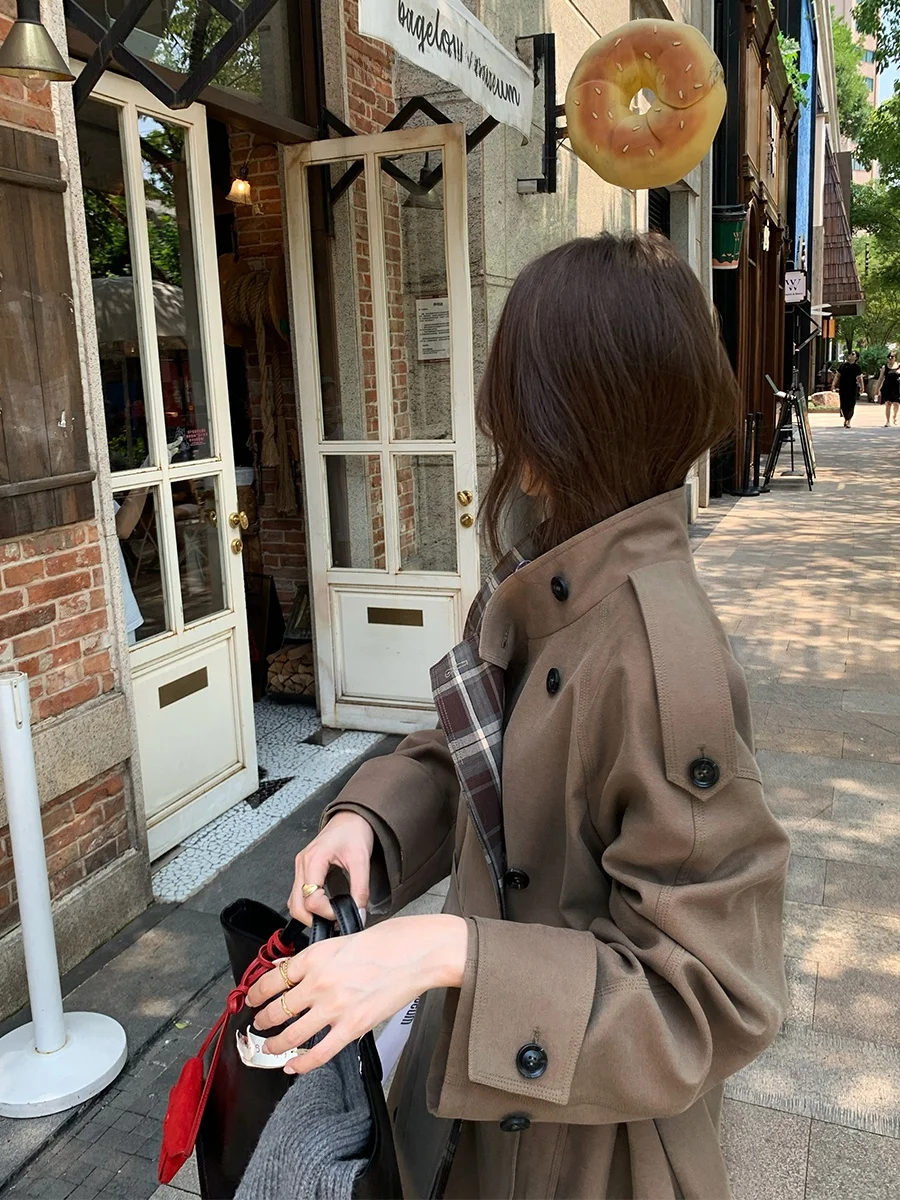 

Пальто MUKOK в корейском стиле, в клетку, с цветовыми блоками, из хлопка, модное, миди, свободного кроя, с длинными рукавами, двубортное, однотонное