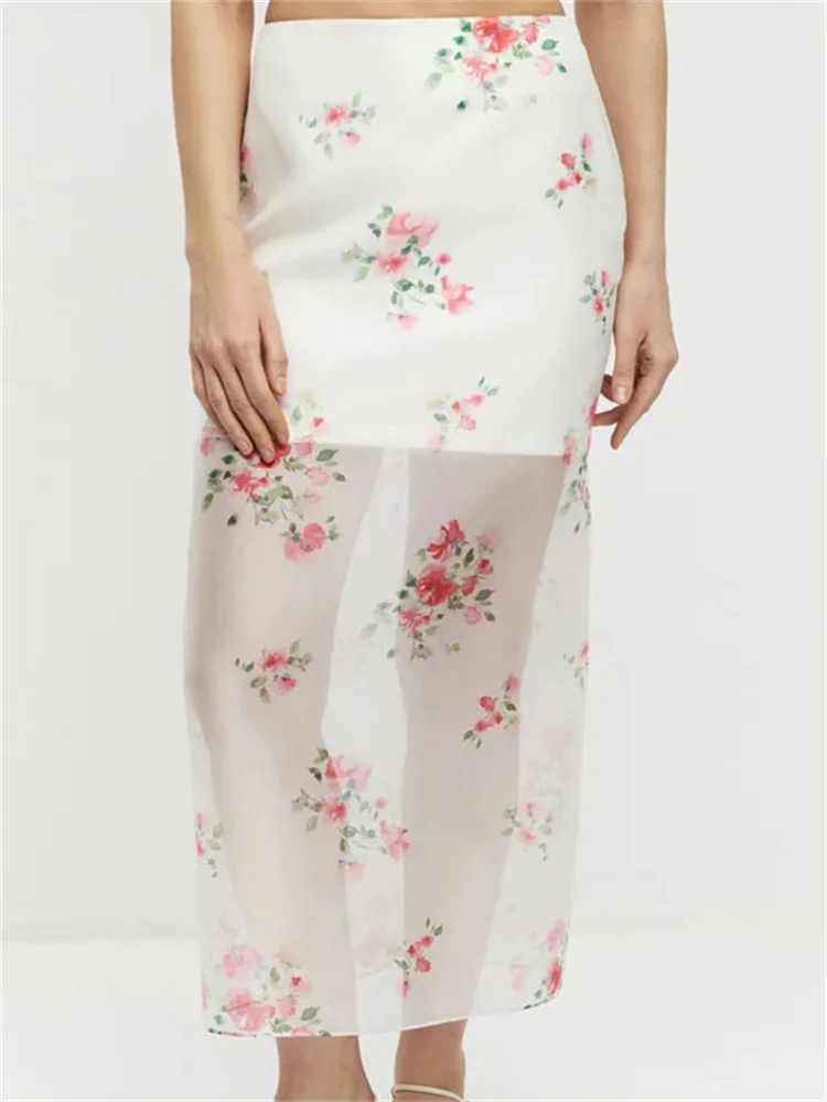 Printed See-Through Slim Maxi Skirt For Women High Waist Mesh Fashion Commute Streetwear Summer Female Floral Long Skirt