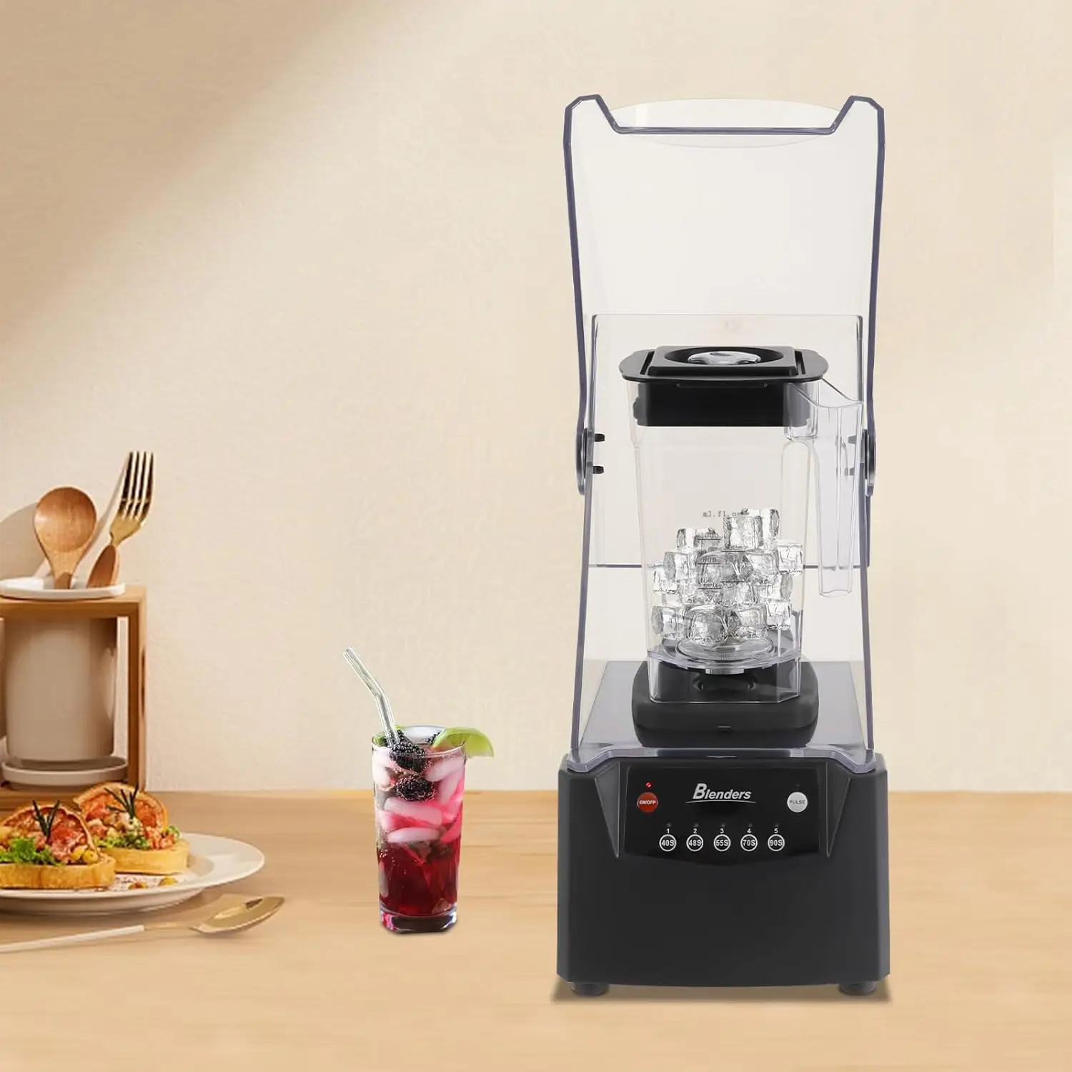 Commercial Blender, 0.48 Gal Soundproof Smoothie Machine with Removable Shield, Versatile Professional Countertop Blender, 2600w