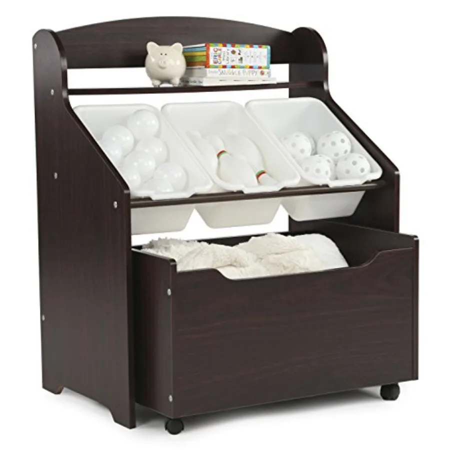 

3-in-1 Bookshelf and Toy Storage Organizer Espresso - Toddler Organizers with Rolling Toy Box and 3 Plastic Bins Sturdy Baby Bo