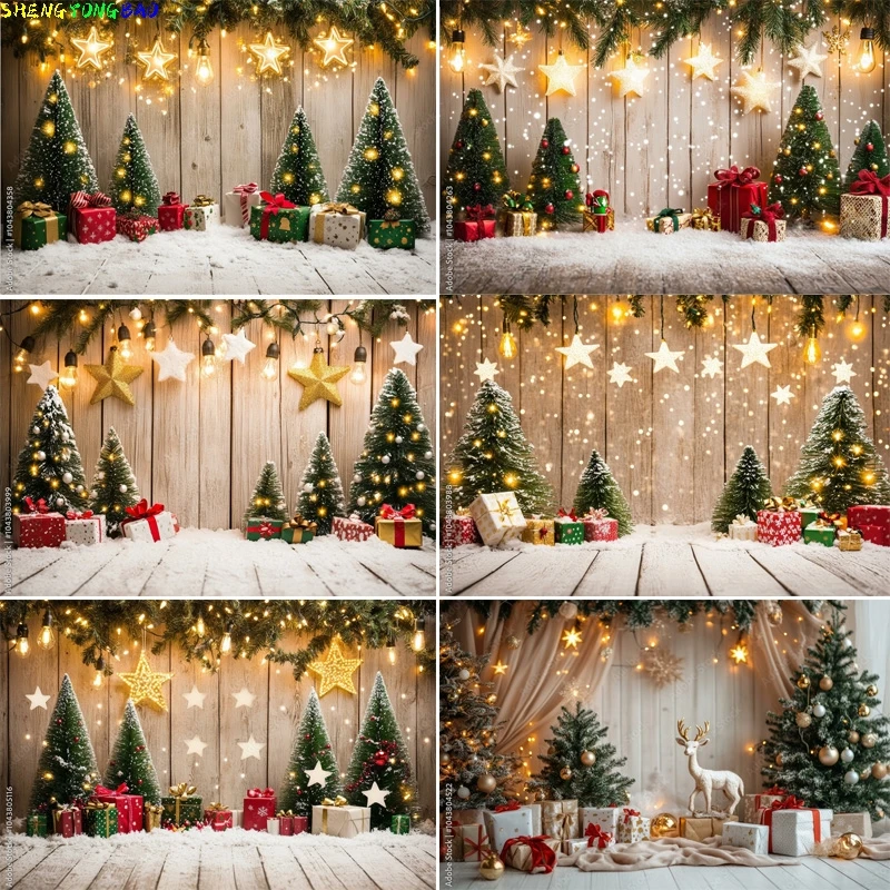

Christmas Day Gift Boxes Steam Train Photography Backdrops Living Room Holidays Carpet Fireplace Pine Trees Background VT-04