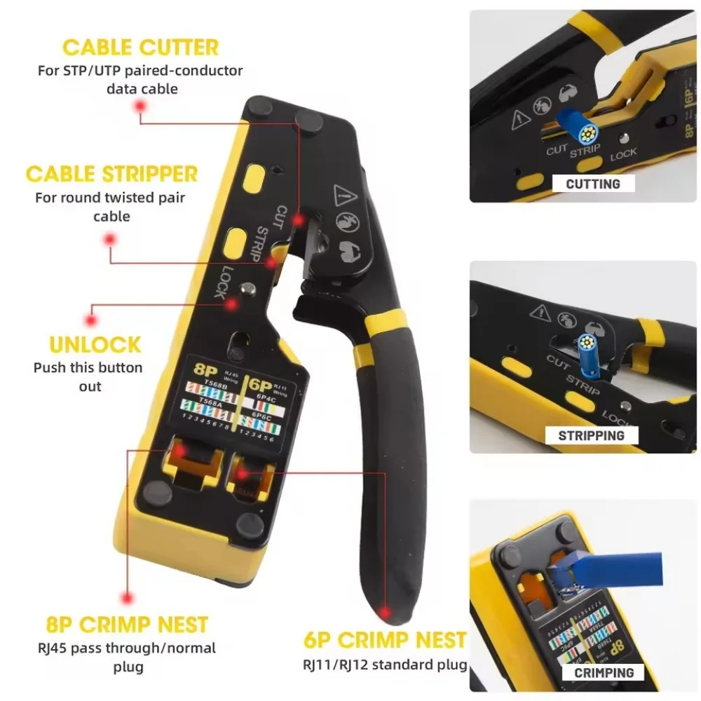 Roreta Multifunctional CRIMPER Through-Hole Wire Crimper 8P6P Dual-Use Pliers for RJ45 Punch-Down RJ45 Crystal Head