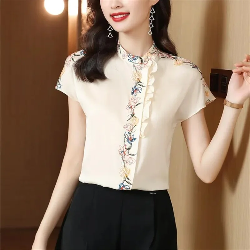 Silk Blouses Short Sleeve For Women Summer Tops Fashion Retro Printed Top Woman Shirt OL Simple Button Shirt Ruffle Female Blous