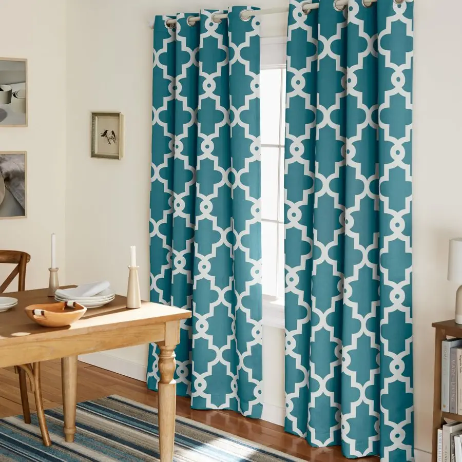 

Ironwork Geo Trellis Sateen Indoor Curtains, Room Darkening Blackout, Grommet Top, Energy Efficient, 2Pack Set, 52x96, Teal