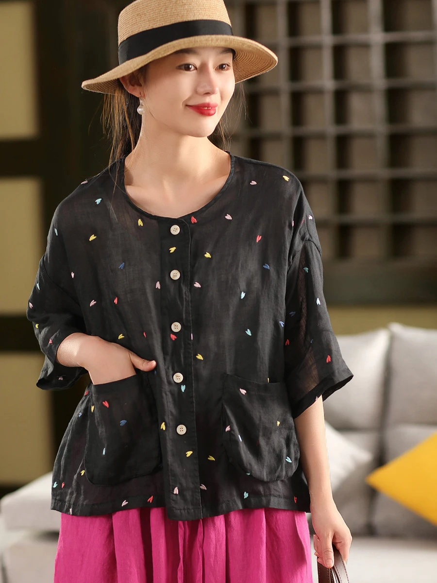 

Ele Embroidered 00% Flax irt Jaet Women's Thin Top with Large kets Commute Sle Loose Fit Summer Faion