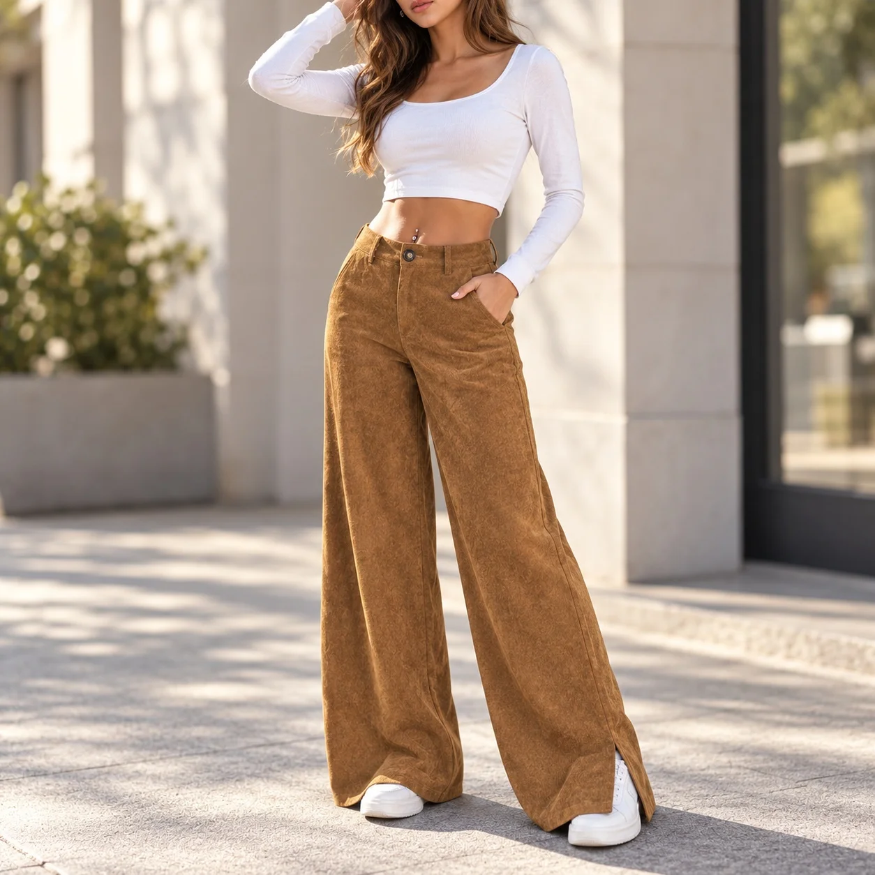 Pockets Wide Leg Pants Full Length Elegant Commuter with Wrinkle Finish Low Rise No Stretch Regular Thickness Summer Women Pants