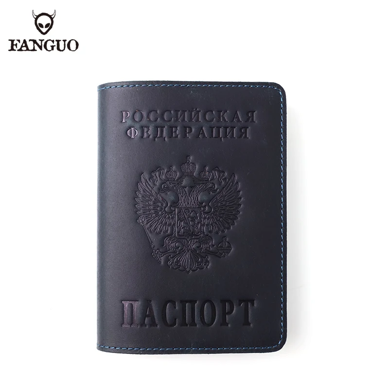 Top Crazy Horse Leather Russia Passport Cover Engravel Genuine Leather Covers For Passport Short Travel Pass Pack