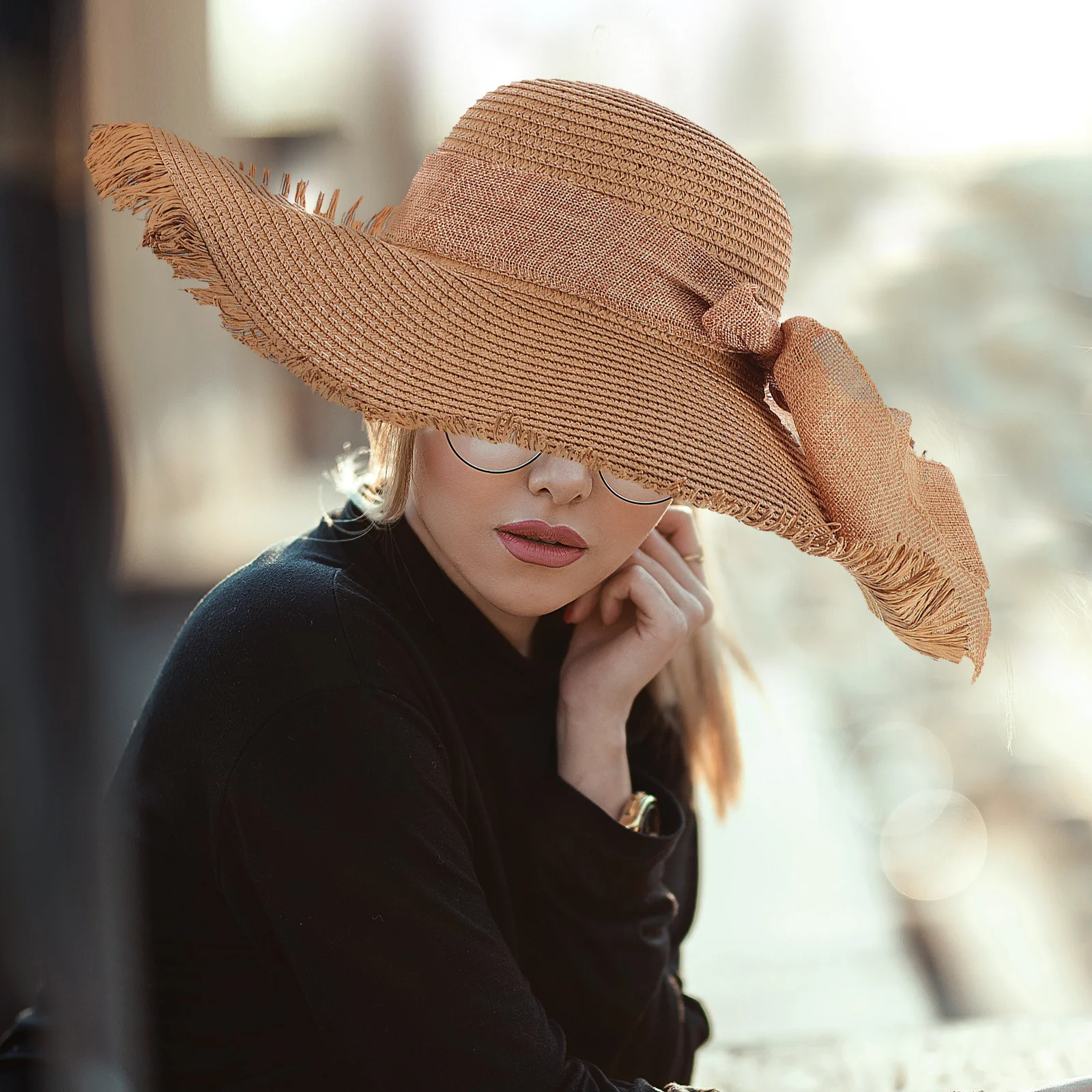 

Chic Wide Brim Sun Hat Foldable Portable Breathable Acrylic Fiber Bowknot Fringe Summer Outdoor Activities Women
