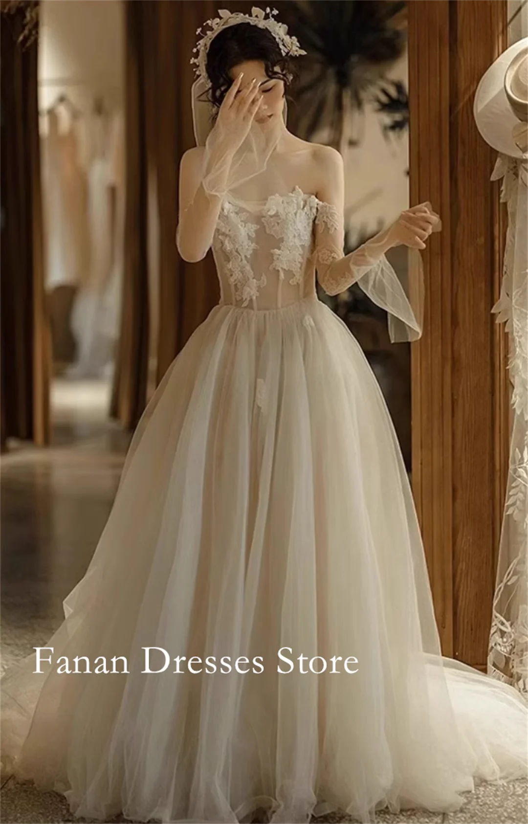 FANAN-vestidos de novia de corte en A, sin tirantes, Corea, tul, marfil, con cordones, apliques de encaje, bonitos vestidos de novia personalizados de talla grande