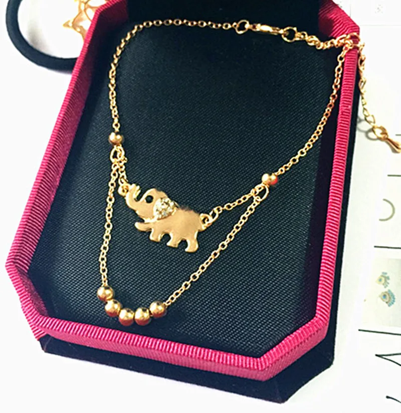 Fashion Auspicious Elephant Elephants Golden Double Foot Chain Anklet Bracelet Woman Bracelet