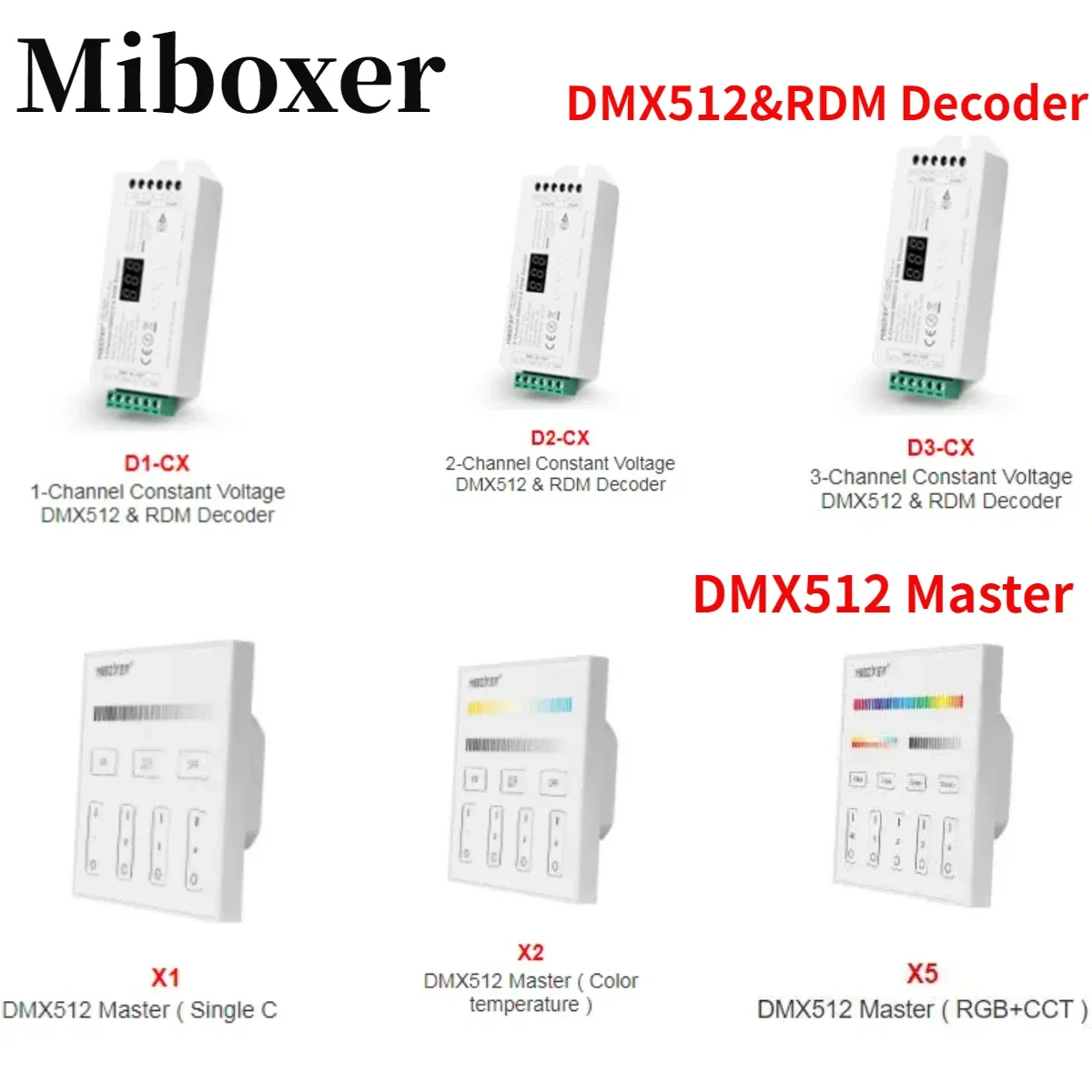 Miboxer DMX512&RDM Decoder 1CH/2CH/3CH/4CH X1 Single Color X2 CCT X3 RGB X4 RGBW X5 RGBCCT DMX512 Master Controller AC100~240V