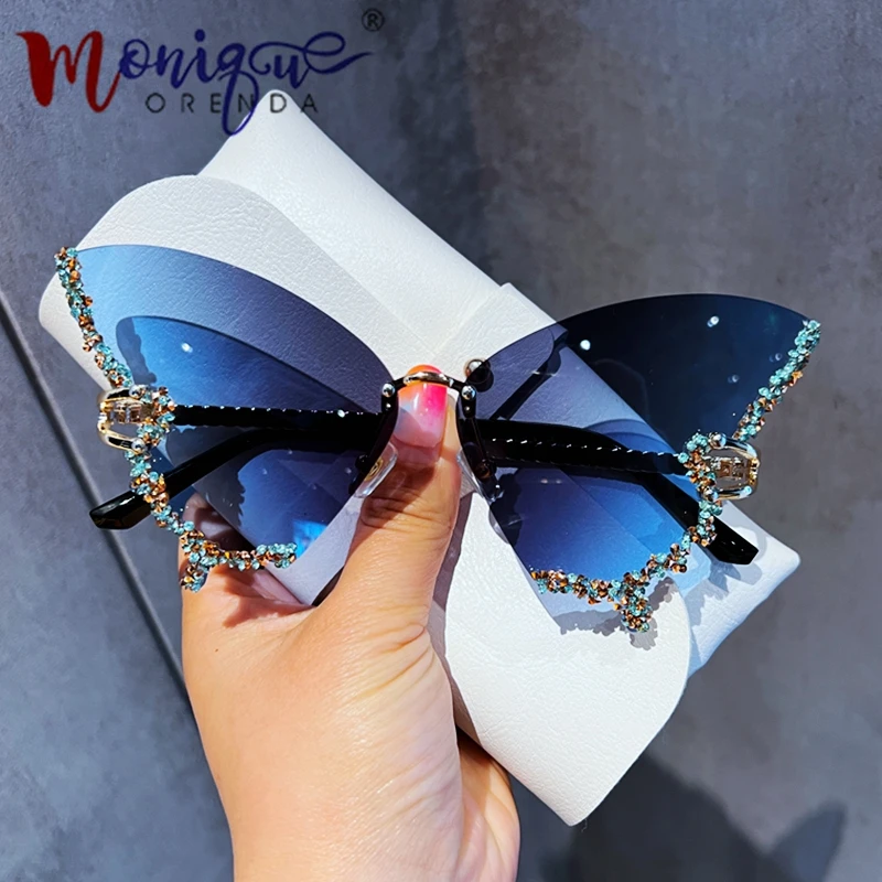 Gafas de sol de mariposa de diamante de lujo para mujer, gafas de sol Vintage sin montura, gafas de gran tamaño, y2k