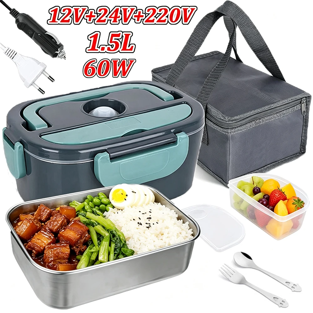 Lonchera Eléctrica de 1.5L y 60W, Calentador de Comida Portátil para Auto o Casa, a Prueba de Fugas, Calentador de Alimentos para Camioneros