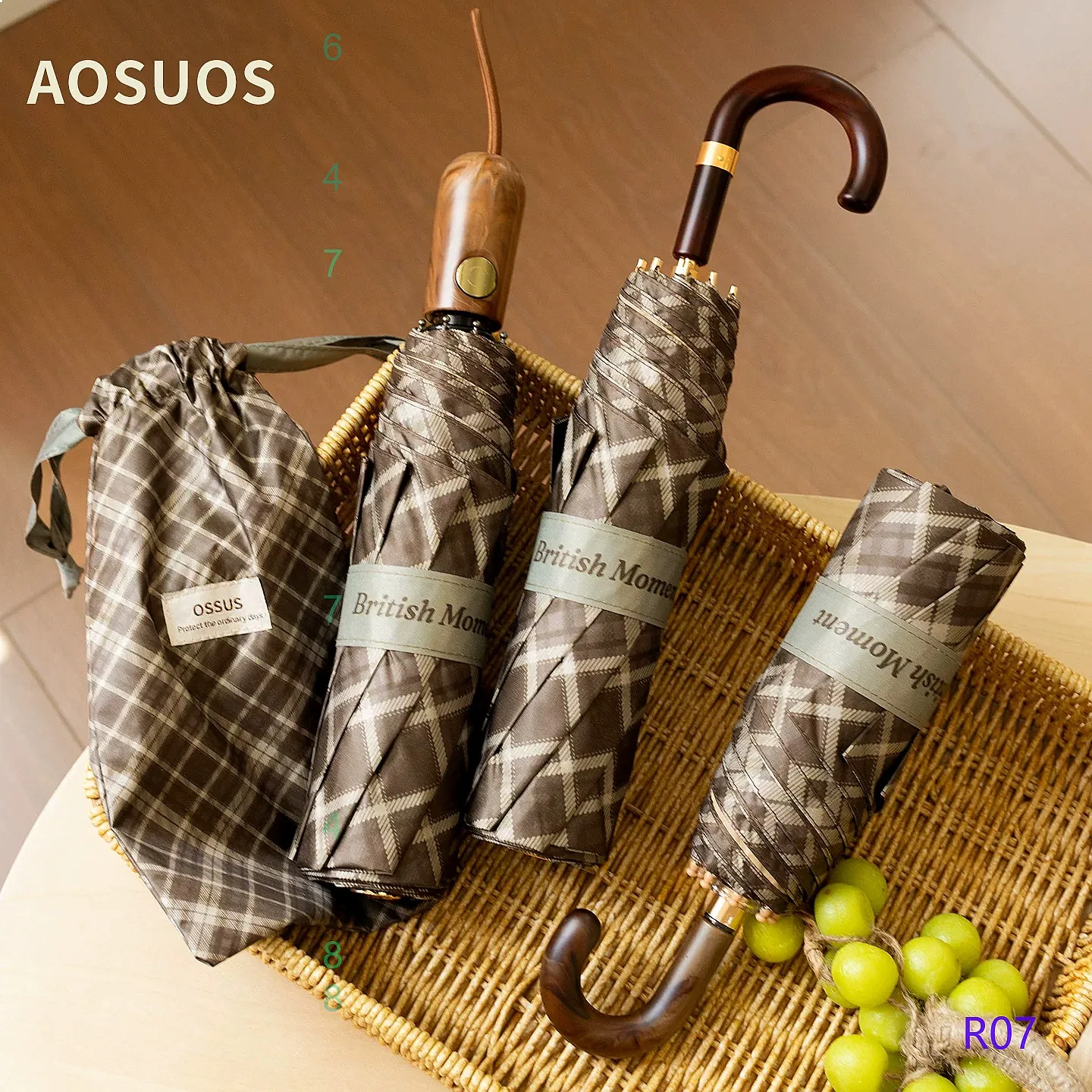 Green Brown Plaid Umbrella UV Protection Sun Rain Double Use Portable Hook Handle