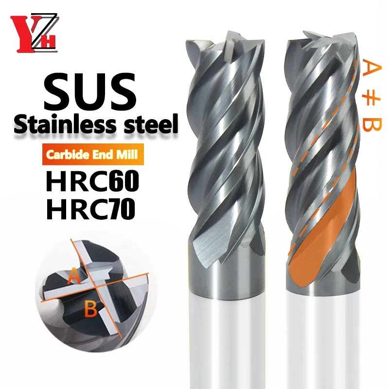 YZH HRC60 HRC70 Carbide End Mill Special For Stainless Steel High Hardness Unequal Helix 4 Flute CNC Diameter 1-20mm 1.5-11.5mm