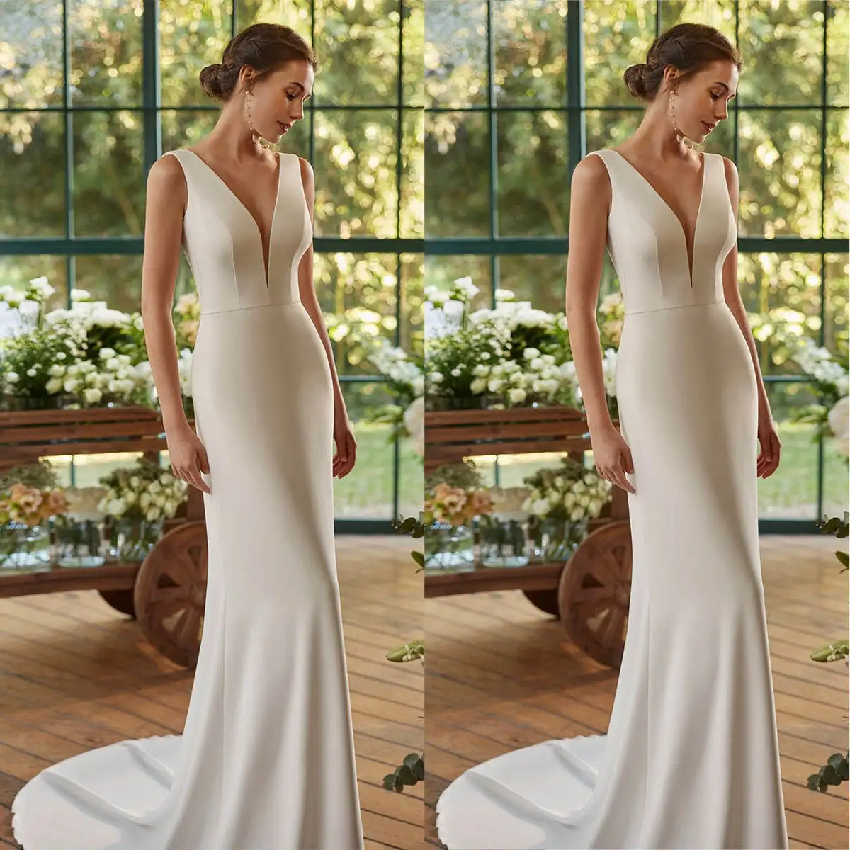 

Gorgeous Mermaid Wedding Dress V Neck Strap Bride Gowns Sleeveless Sweep Train Satin Bridal Dresses Vestido De Novia