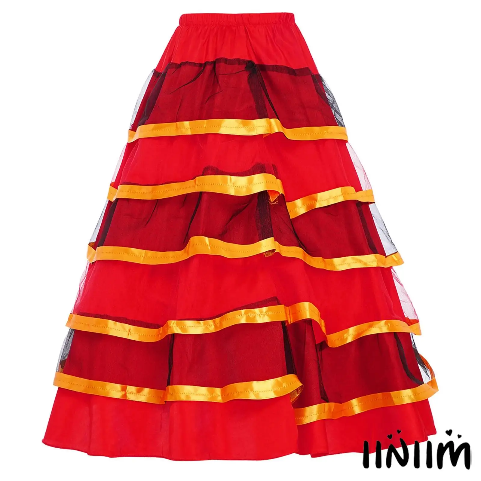 Gonna da flamenco vibrante per ragazze con volant a più livelli di 180 gradi e design in colori a contrasto, perfetta per spettacoli di danza spagnola