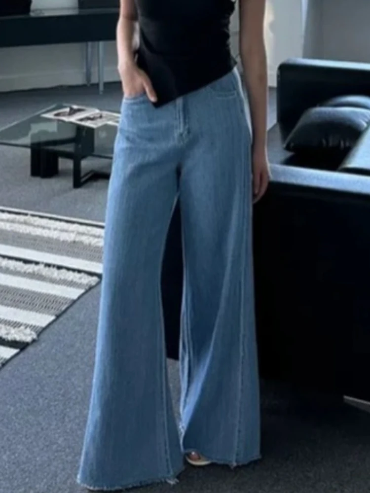 

Свободные джинсы-боты с высокой талией, женские новые 2024, повседневные длинные брюки в стиле пэчворк в Корейском стиле, синяя летняя коллекция