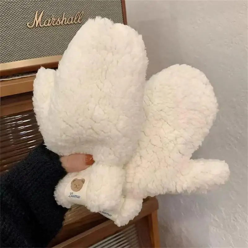 Lambhair Plush Gloves Women Girls Winter Cute Bears Fur Halterneck Gloves Soft Thicken Full Finger Riding Mittens Keep Warm