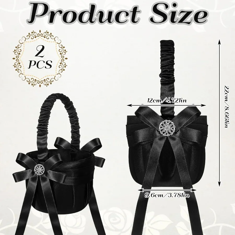 2 Pcs Wedding Black Flower Girl Basket Gothic Flower Basket for Wedding Ceremony Satin Rhinestone with Handle for Petals Confet