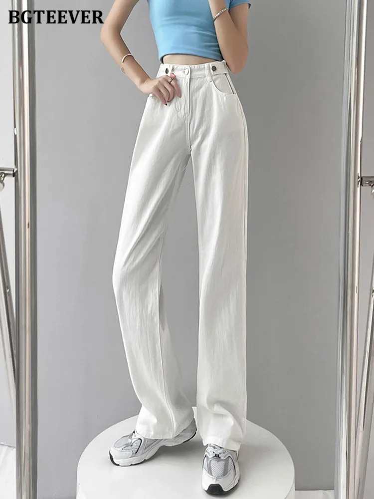 Bgteever casual senhoras calças jeans longas verão fino mulheres jeans cintura alta bolsos soltos feminino perna larga calças jeans