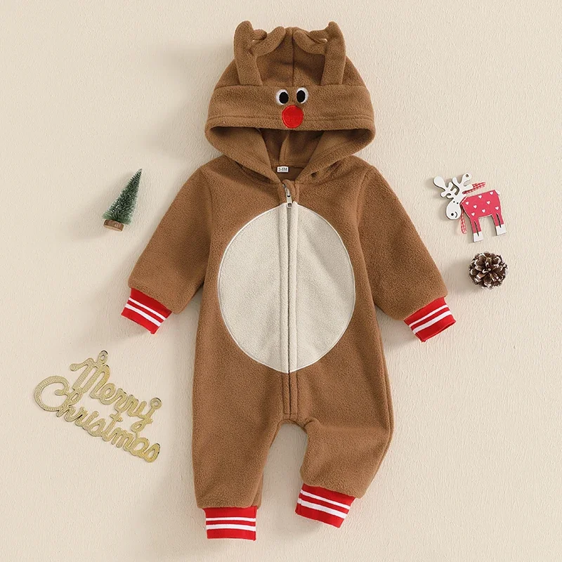 

Christmas Newborn Baby Boys Girls Casual Rompers 0-18M Cute Reindeer Zipper Long Sleeve Patchwork Hooded Jumpsuits Xmas Party