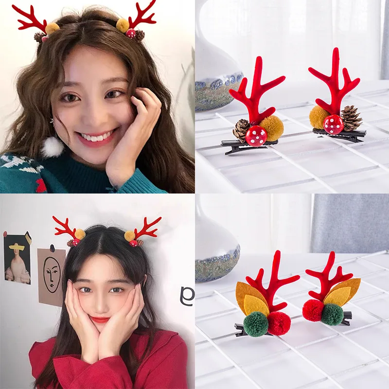 2Pcs/Pair Christmas Antler Hairpin Clip Hccessories Children Cute Clip Net Red Cartoon Elk Hair Card On The Gift Wholesale