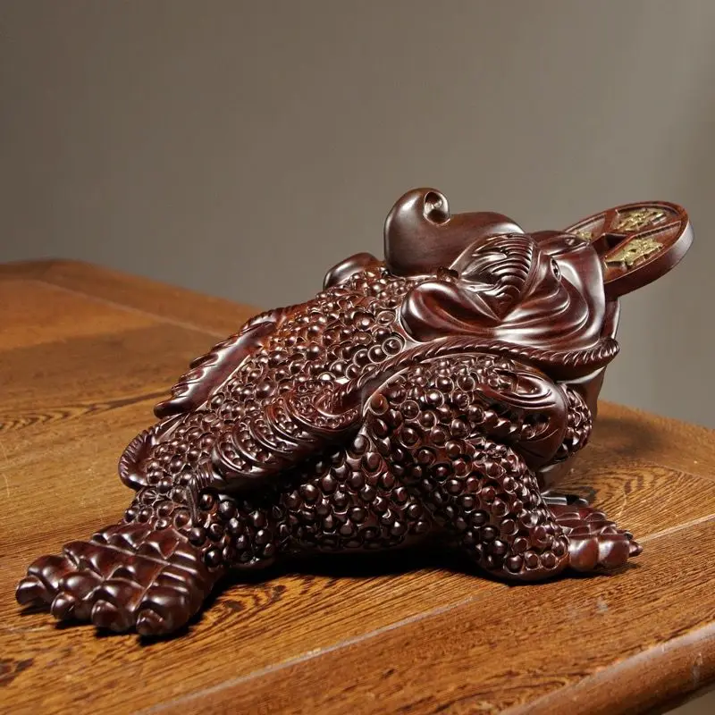 Hand Carved Ebony Rosewood 3 Legged Golden Toad Statue Feng Shui Wealth Lucky Decor Home Office Shop Opening Gift Collectible