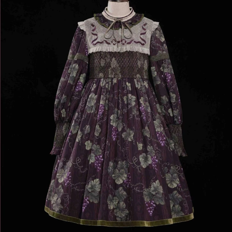 Retro Victorian Lolita OP Dress Gothic Women Chic Grape Print Long Sleeve Princess Dress Elegant Girly Harajuku Y2k Party Dress