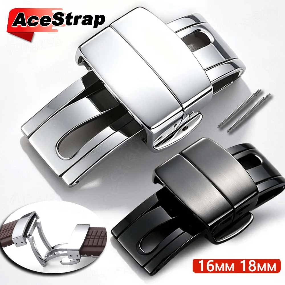 16mm 18mm Stainless Steel Watch Buckle for Patek Philippe Watch Strap Clasp Silver Black Folding Button Replacement Accessories