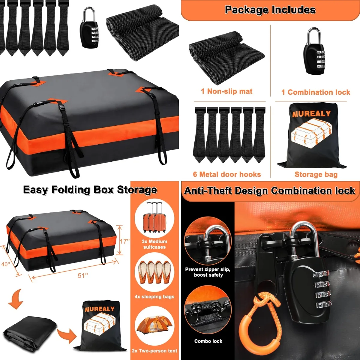 

15 Cubic Feet Rooftop Cargo Carrier - Heavy Duty Waterproof Car Roof Bag for All Vehicles with or Without Rack, Includes Anti-Sl