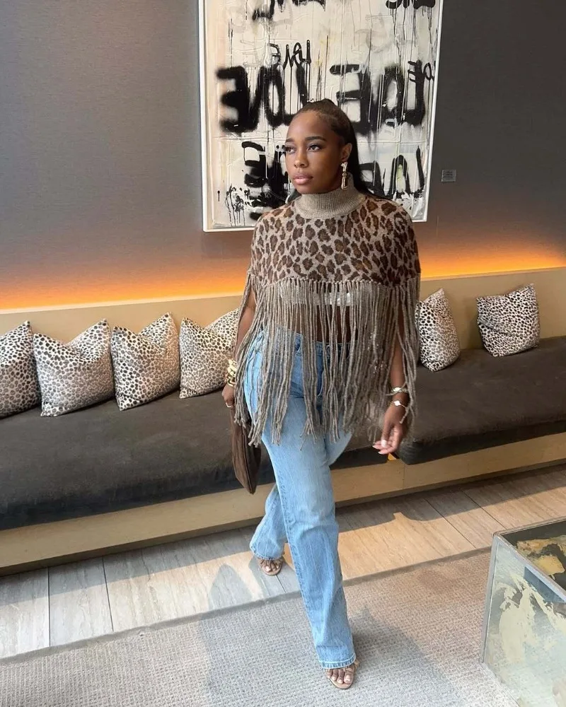 

Длинные лоскутные леопардовые жаккардовые вязаные пуловеры с кисточками, свитера, женские осенне-зимние водолазки, модные повседневные шаль, топы