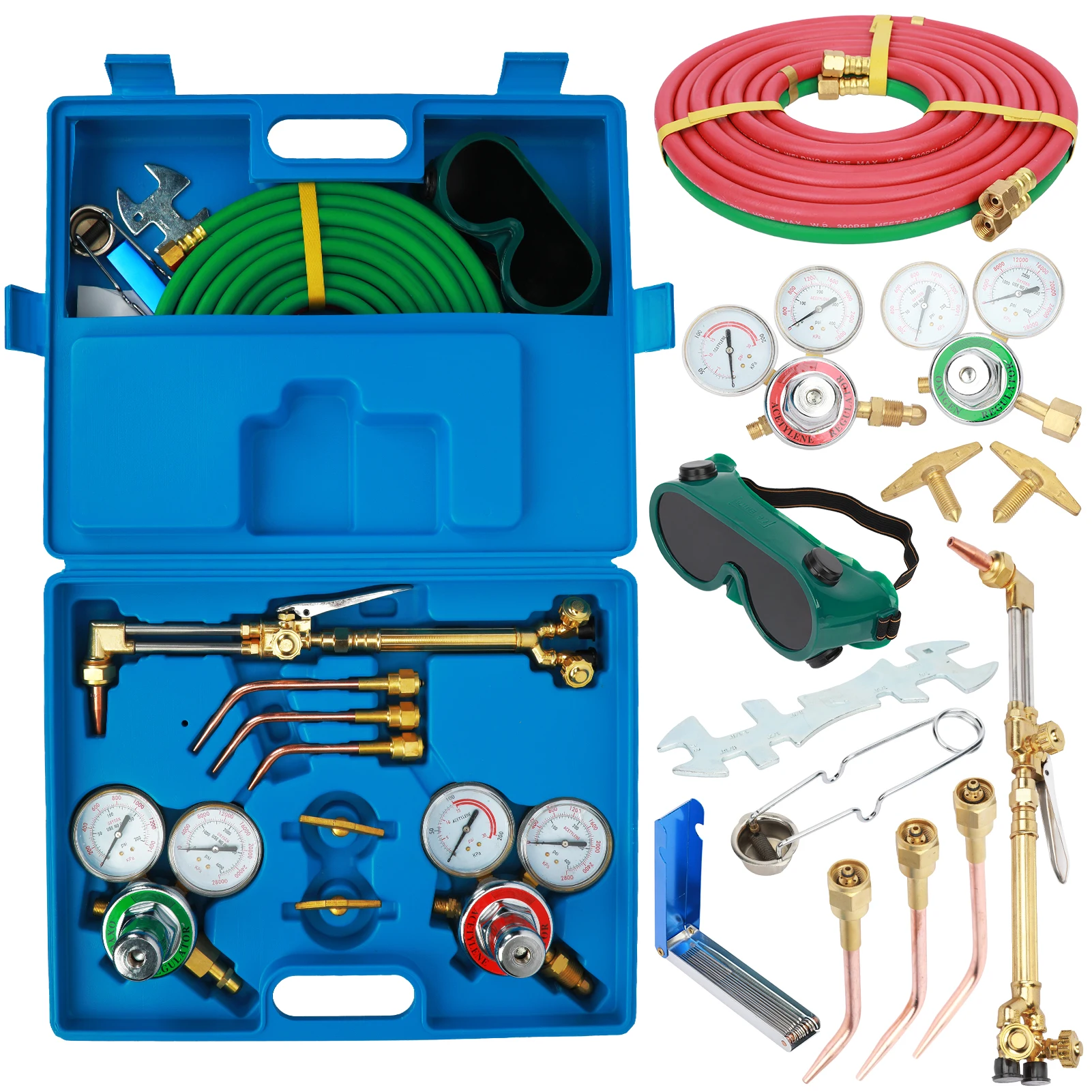 Long Hose Brass Nozzle Welding Torch Kit with Toolbox Regulators Oxygen Acetylene Welding Cutting Torch Tool